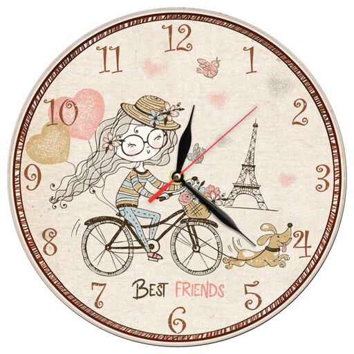 ساعت دیواری کودک دایره ای مدل 1313 طرح دختر دوچرخه سوار و برج ایفل پاریس قطر 30