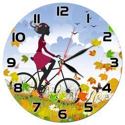 ساعت دیواری گرد مدل 1257 طرح دختر دوچرخه سوار و برگ ریزان پاییز قطر 30 سانتیمتر