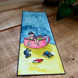 بوک مارک دختر فنجانی ،طراحی شده با دست،فاصله نگهدار کتاب،رنگ شده با آبرنگ و اکریلیک