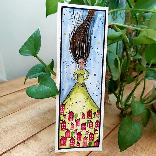 بوک مارک دختر شهر ،طراحی شده با دست،فاصله نگهدار کتاب،رنگ شده با آبرنگ و اکریلیک