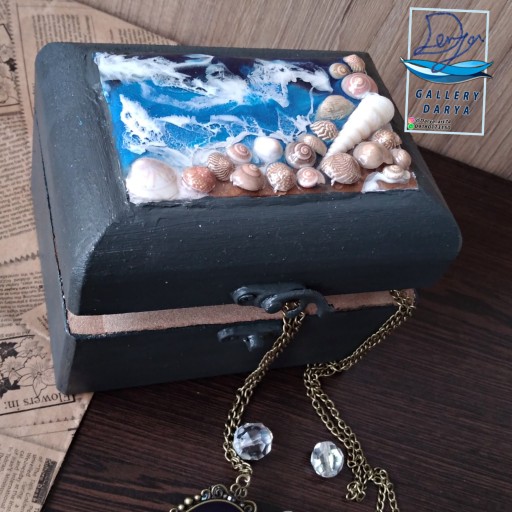 جعبه چوبی جواهرات و زیورآلات رزینی طرح دریایی