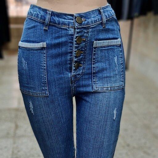 شلوار جین زنانه دمپا تنگ قد 90 جلو جیب آبی