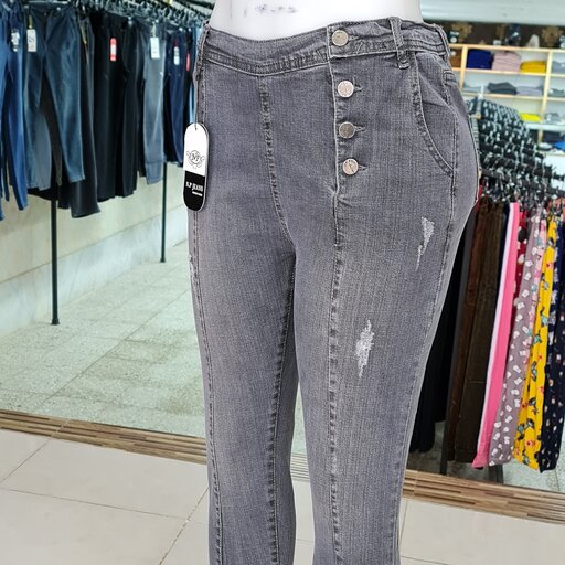 شلوار جین زنانه دکمه بغل دمپا تنگ قد 90رنگ ذغالی