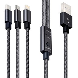 کابل شارژ تایمر دار سه کاره USB به microUSB -USB-C و لایتنینگ Mp Blberri طول 1 متر رنگ خاکستری