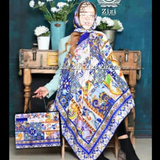 ست روسری نخی درجه یک و کیف برند زی زی طرح زمینه سفید با جقه آبی از فروشگاه حجاب