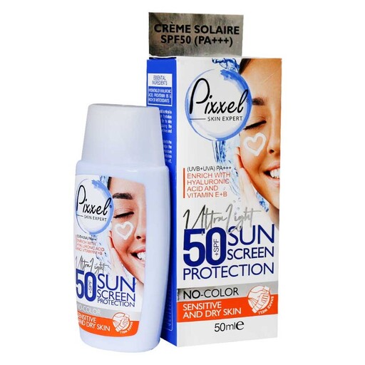 کرم ضد آفتاب بدون رنگ پیکسل مخصوص پوست خشک تا نرمال و حساس SPF50 