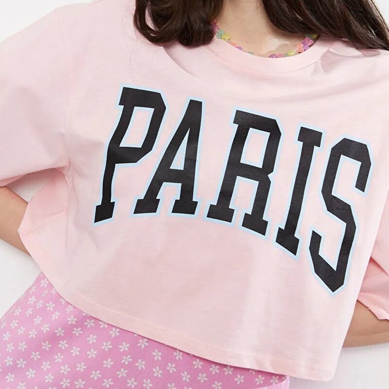 تی شرت کراپ ترک زنانه مدل PARIS پاریس برند ال سی وایکیکی LC waikiki صورتی