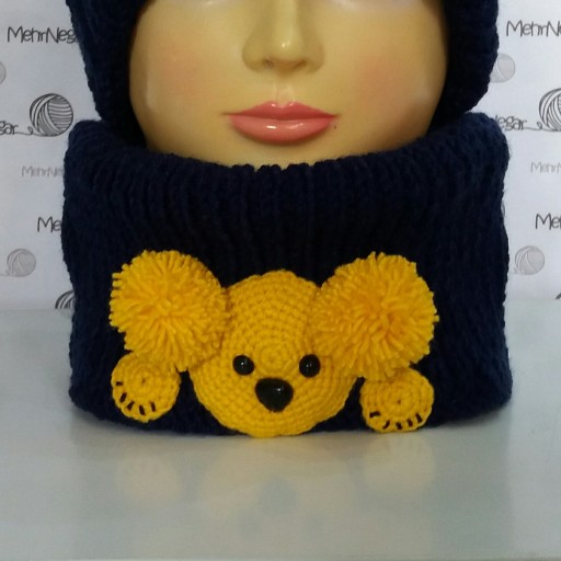 کلاه و شال گردن بچگانه فانتزی طرح خرس عروسکی دومیل دستباف مهرنگار