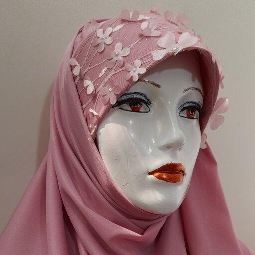 هدشال طرح شکوفه صورتی جنس کرپ حریر قواره  75 در2 متر  گالری حجاب رئوف 