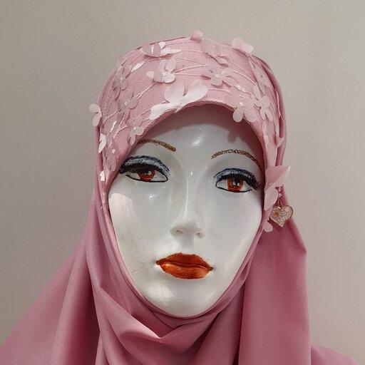 هدشال طرح شکوفه صورتی جنس کرپ حریر قواره  75 در2 متر  گالری حجاب رئوف 