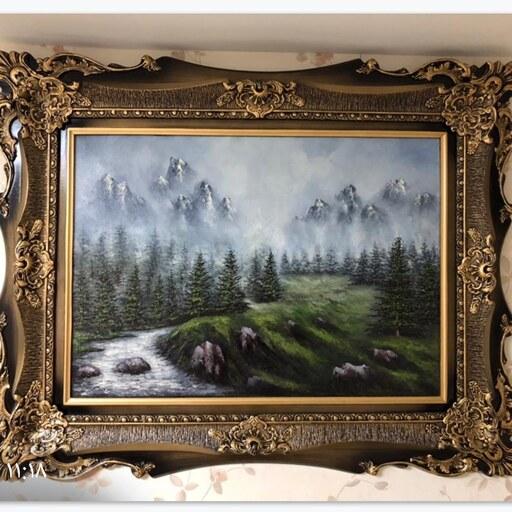 نقاشی رنگ روغن کوهستانی درختان کاج یا قاب چوبی اندازه 70در 50
