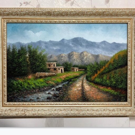 نقاشی رنگ روغن کوهستانی درختان کاج یا قاب چوبی اندازه 70در 50