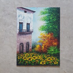 نقاشی رنگ روغن روی تخته سه لا منظره خانه و باغچه گل های افتابگردان 40در 30