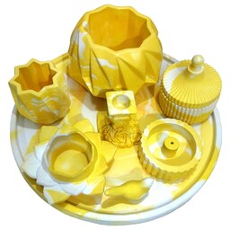ست 8 تکه سنگ مصنوعی گلدان جاشمعی جاقلمی جاوارمری دکوری و کاربردی رنگ زرد سفید