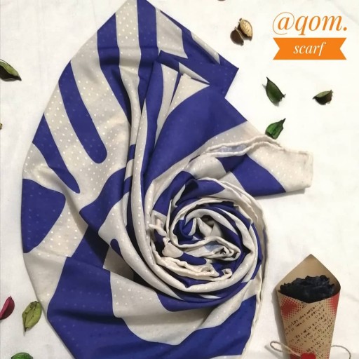 روسری چهار فصل پارچه نگینی برند cici دست دوز رنگ سفید آبی سایز 140