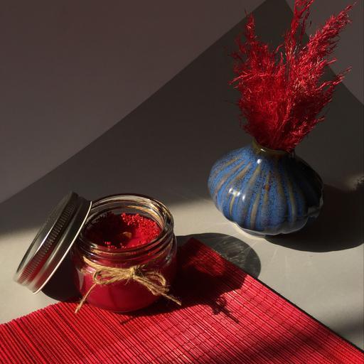 شمع شیشه ای در دار فیتیله چوبی-تک رنگ قرمز با گل