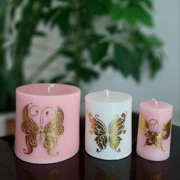 ست 3 عددی شمع استوانه با طرح پروانه با پارافین درجه یک بدون دود 
