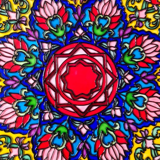تابلوی ویترای سنتی طرح گل و برگ  با رنگ های شاد و رنگارنگ 35 در 35