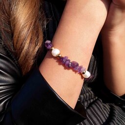 دستبند سنگ آمیتیس نامنظم و مروارید پرورشی - دستبند برای خانم ها و آقایان