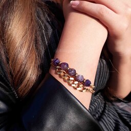 دستبند دوردیفه زنجیر استیل و سنگ آمیتیس تراش - دستبند برای خانم ها