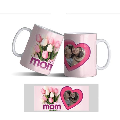لیوان (ماگ) صورتی روز مادر طرح گل لاله (با قابلیت تغییر طرح) با  متن LOVE MOM