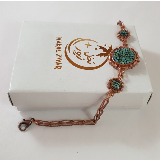 دستبند زنانه زیبا مسی فیروزه کوبی نخل زیور کد 038
