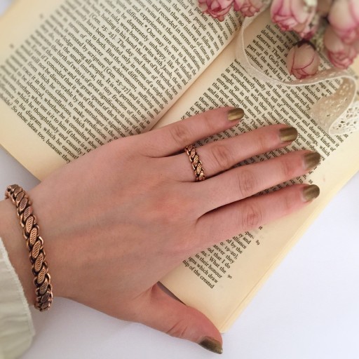 دستبند و انگشتر زنانه ی مسی نخل زیور کد 081