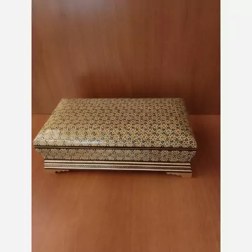 جعبه قاشق چنگال خاتم کاری معرق کار دست دستساز ابعاد 27 در 14 جعبه طلا جا جواهری زیورالات مستطیل کرم طلایی سبز