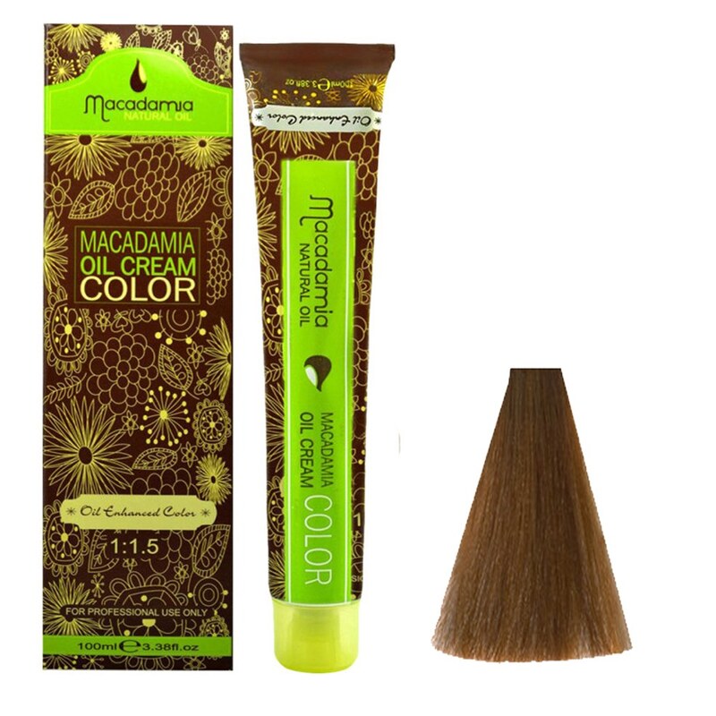 رنگ مو ماکادامیا شماره 7.37 حجم 100 میلی لیتر رنگ کاراملی طلایی به همراه اکسیدان ماکادامیا مدل 30vol نه درصدی حجم 150 می