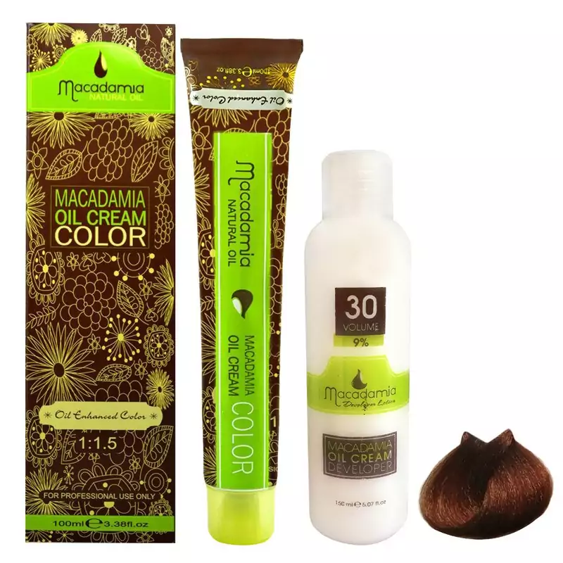 رنگ مو ماکادامیا شماره MC7 حجم 100 میلی لیتر رنگ دارچینی به همراه اکسیدان ماکادامیا مدل 30vol نه درصدی حجم 150 میلی لیتر