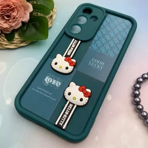 قاب گوشی Galaxy A55 سامسونگ سیلیکونی Solid Case اورجینال عروسکی برجسته HELLO KITTY کیتی محافظ لنزدار سبز کد 57513