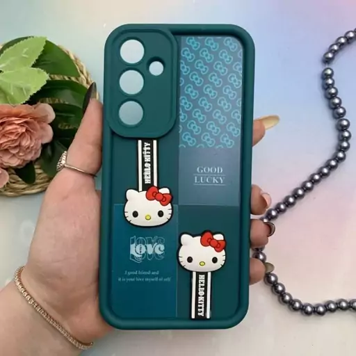 قاب گوشی Galaxy A55 سامسونگ سیلیکونی Solid Case اورجینال عروسکی برجسته HELLO KITTY کیتی محافظ لنزدار سبز کد 57513