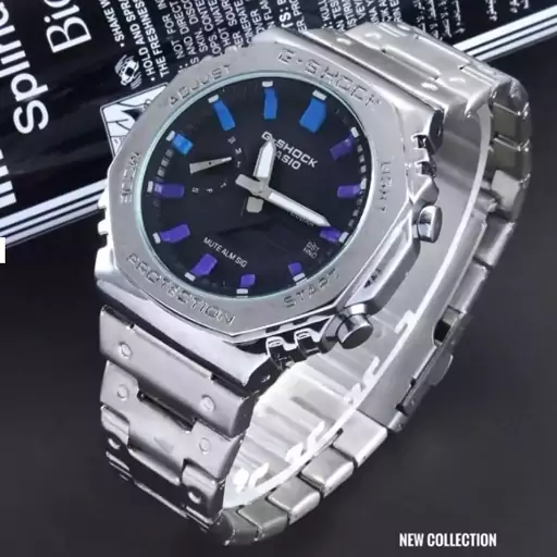 ساعت مردانه جیشاک بند استیل نقره ایی دو زمانه موتور برقی ژاپن با جعبه G shock کد9251