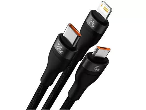 کابل سوپر فست شارژ سه سر یو اس بی به میکرو، تایپ‌ سی و لایتنینگ 1.2 متر بیسوس Baseus Flash Series Ⅱ Cable USB to M+L+...