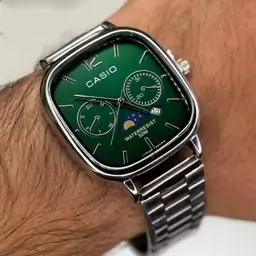 ساعت مچی مردانه کاسیو مربعی casio کلاسیک بند استیل نقره ایی صفحه نمایش سبز  طرح دو موتوره تقویم دار کد2812