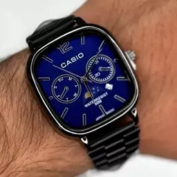 ساعت مچی مردانه کاسیو مربعی casio کلاسیک بند استیل مشکی صفحه نمایش سورمه ایی طرح دو موتوره تقویم دار کد9301