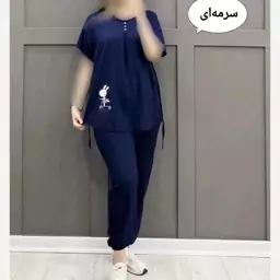 بلوز شلوار زنانه نخی راحتی ساده آستین کوتاه استیکری 