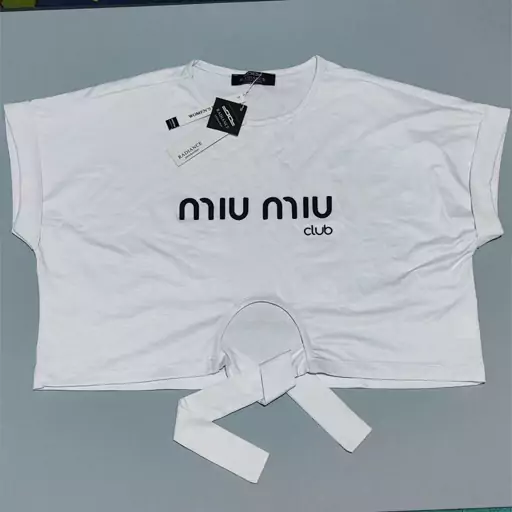 کراپ تیشرت آستین حلقه ای طرح دار Miu Miu سوپر نخ