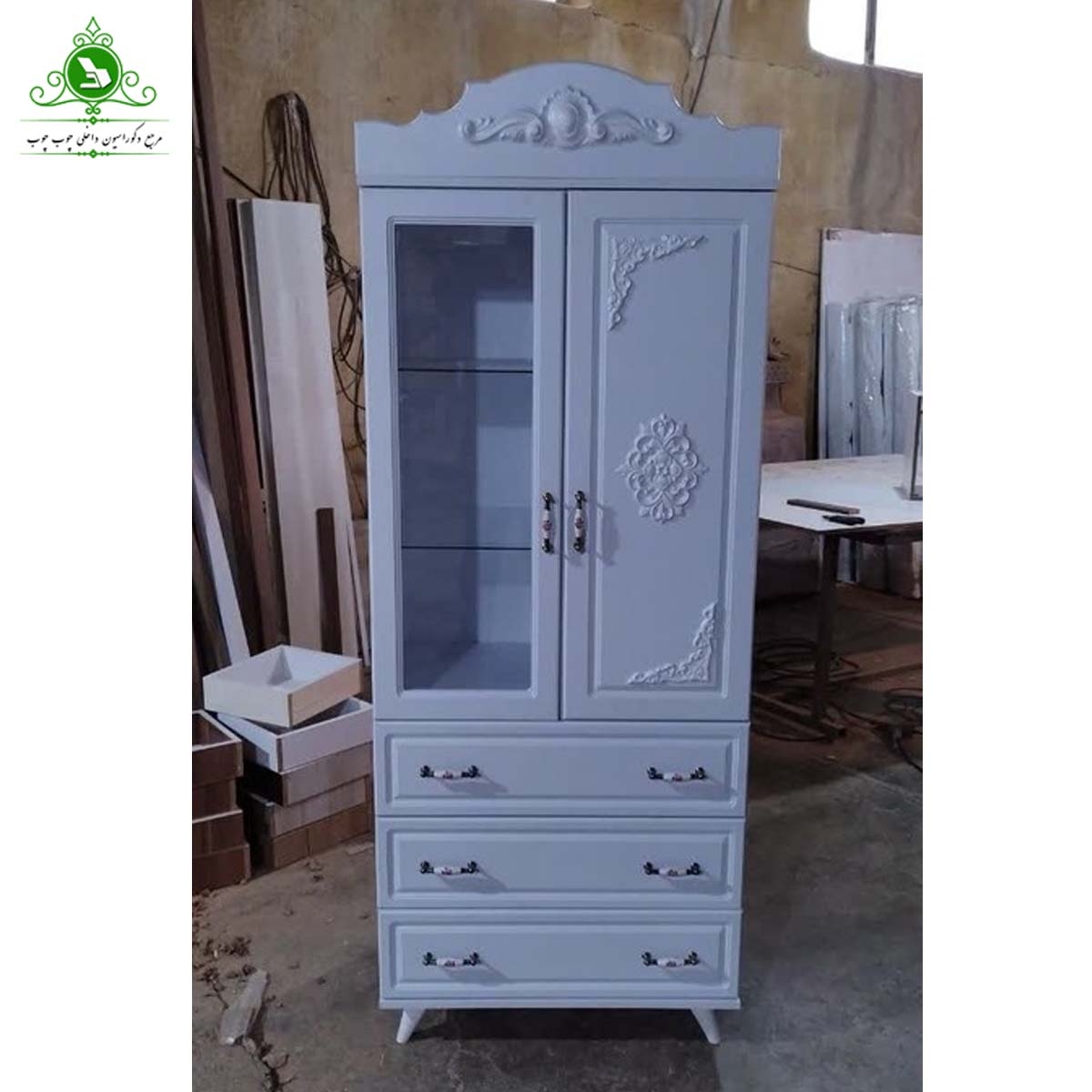 کمد لباس سه کشو مدل روژین ویترین دار (پرداخت کرایه پس از تحویل)