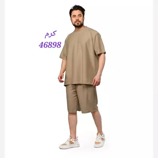 ست مردانه تیشرت و شلوارک مراکشی  آستین کوتاه رنگ سبز 46897 کرم 46898 سایز L، M، XL، XXL یقه گرد طرح پارچه طرحدار 