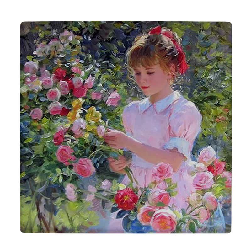 کاشی طرح دختر در باغ گلها مدل لوحی کد 1801