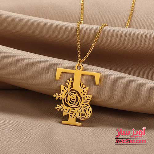 گردنبند حرف انگلیسی T طرح گل رز کد 102326