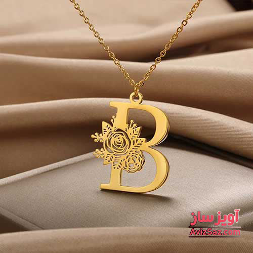 گردنبند حرف انگلیسی B طرح گل رز کد 102202