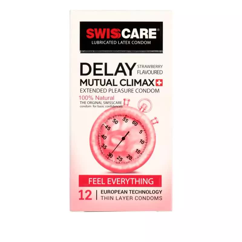 کاندوم وقفه دهنده توت فرنگی سوئیس کر SWISS CARE Delay Mutual Climax بسته 12 عددی