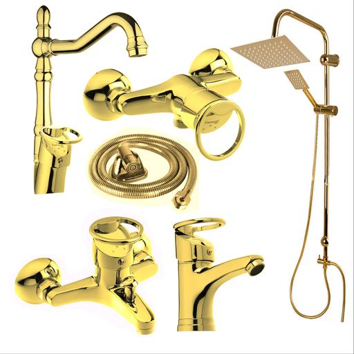 ست شیرالات طلایی براق مدل النگویی به همراه علم دوش دوکاره حمام و شلنگ توالت