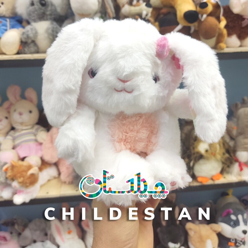 عروسک پولیشی اورجینال خرگوش گوش رنگین کمانی چشم تیله ای سفید رنگ سایز 30 سانت