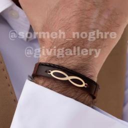 دستبند چرم طبیعی گاوی طرح بافت دار مردانه بهمراه پلاک بینهایت3