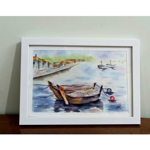 تابلو نقاشی آبرنگ قایق و دریا زیبا و سبک. قابل استفاده روی دیوار و روی میز