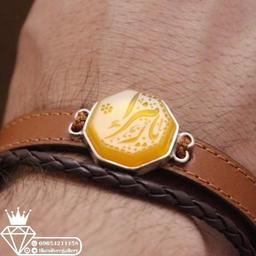دستبند عقیق زرد خطی نقش زیبای یازهرا قاب نقره دستساز چرم طبیعی گاوی ( مردانه )