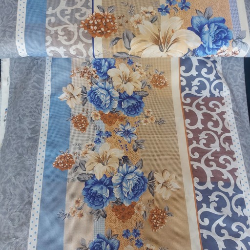 پارچه ملحفه ای ترنج یزد رنگ آبی طرح دار ملافه ای تترون عرض دو متر دو رو گل پارچه و ملحفه سرای رزاق